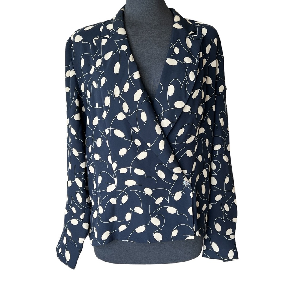 BILL BURNS SIGNATURE Vintage 100% Silk Blazer Dark Navy Beige Women’s Size 14